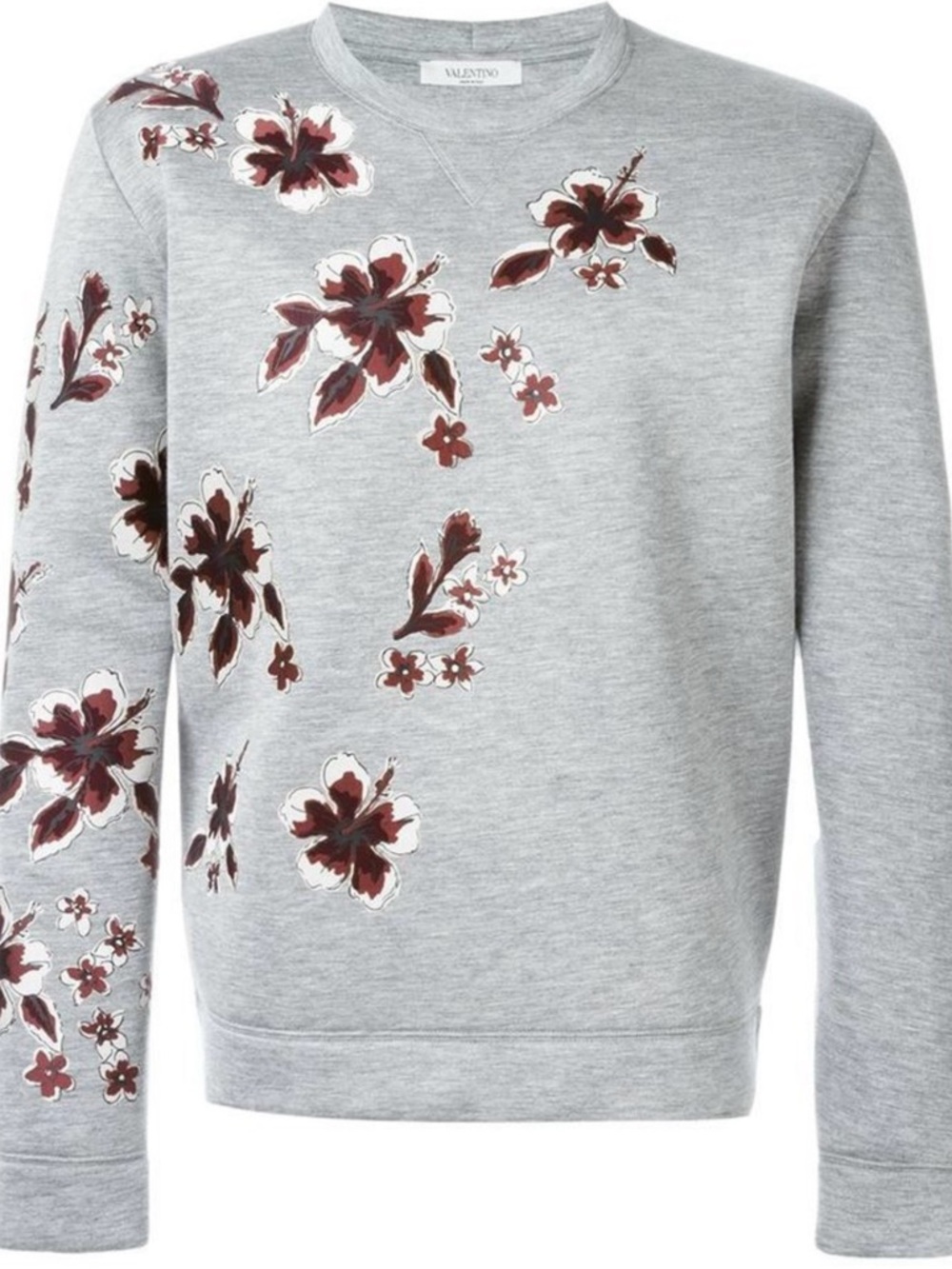 Valentino Gray Crewneck Sweatshirt with Burgundy Floral Appliqués